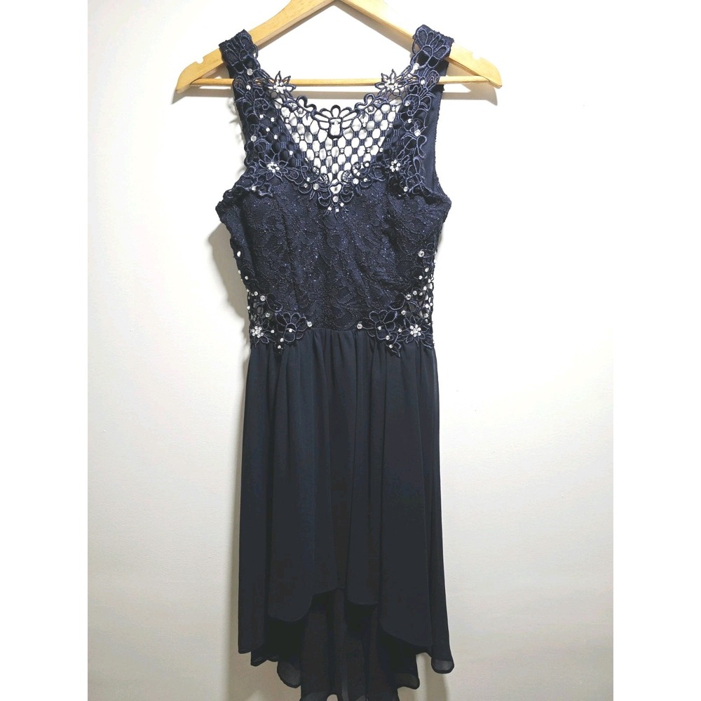 City Studio Junior Womens Navy Blue Lace High-Low Dress Size 5